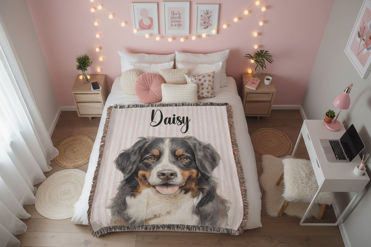 Blanket with a dog portrait and 'Daisy' text on a bed in a bedroom setting