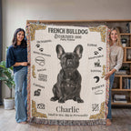 Two women holding a French Bulldog-themed blanket with illustrations and text.Personalized with your Frenchie's Name and photo,