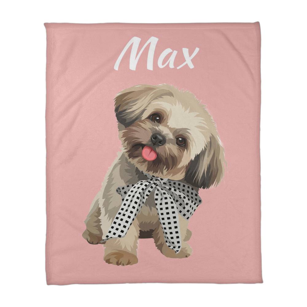 Pink blanket with a dog illustration and the name 'Max' on a white background