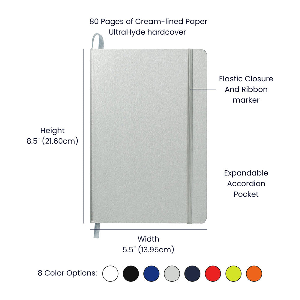 Gray notebook with features and dimensions labeled on a white background