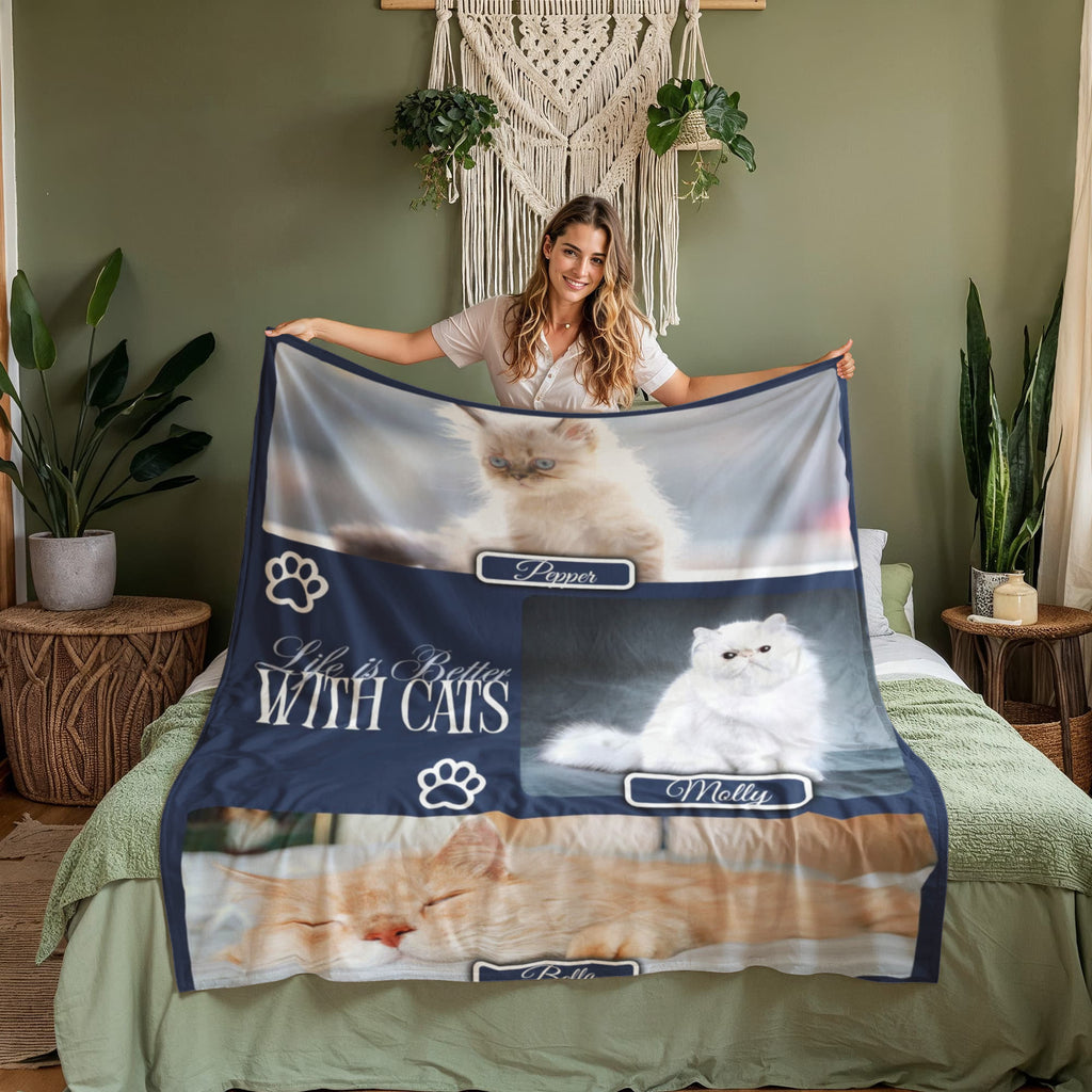 Personalized Multi-Cat Photo Blanket - Custom Cat Collage Fleece Blanket - 2-5 Cats Names & Photos