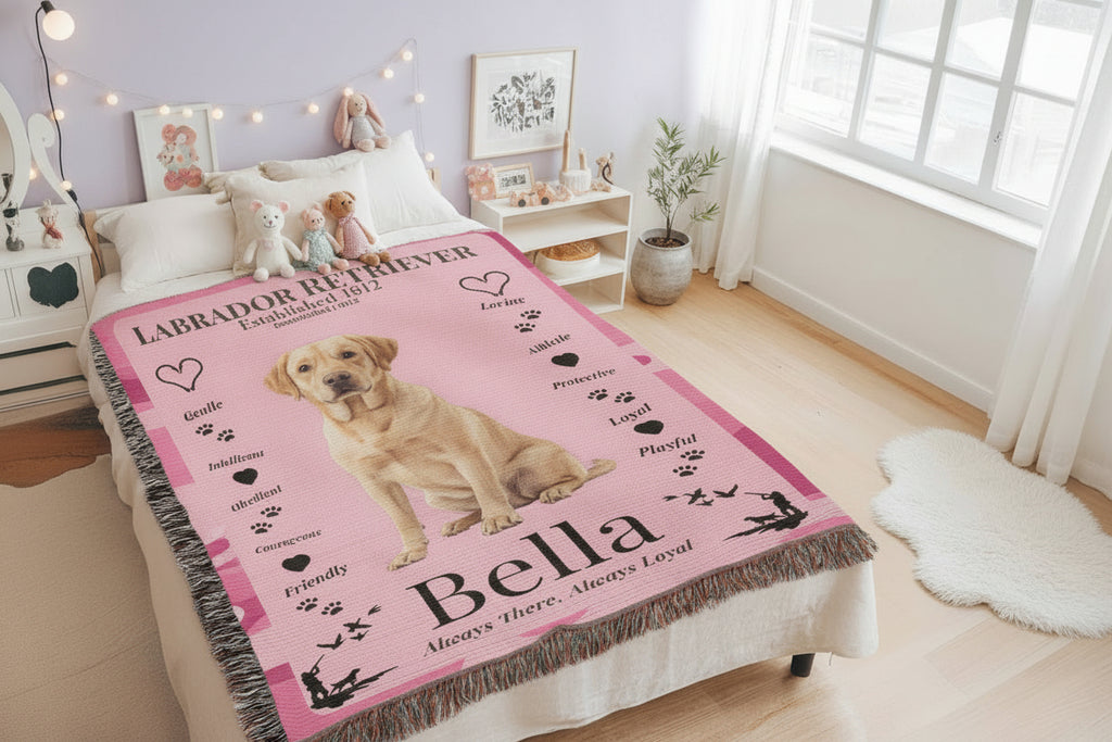 Pink blanket with a Labrador Retriever design and text on a bed in a room.Personalize your woven blanket with your favorite Labrador's photo and Name.