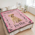 Pink blanket with a Labrador Retriever design and text on a bed in a room. Personalize your woven blanket with your favorite Labrador's photo and Name.