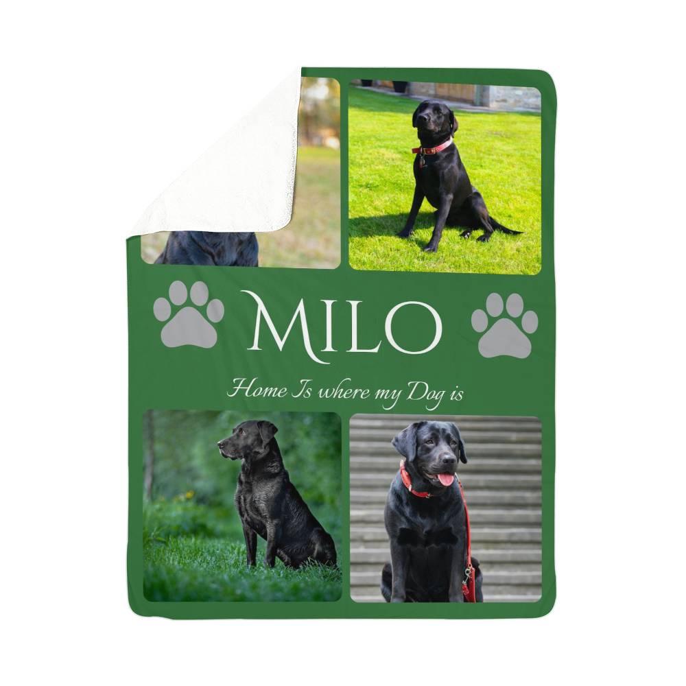🐾 "Home is where my dog is" - Sherpa Blanket - Personalized name and photos