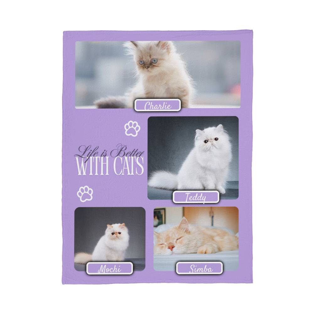 Personalized Multi-Cat Photo Blanket - Custom Cat Collage Fleece Blanket - 2-5 Cats Names & Photos