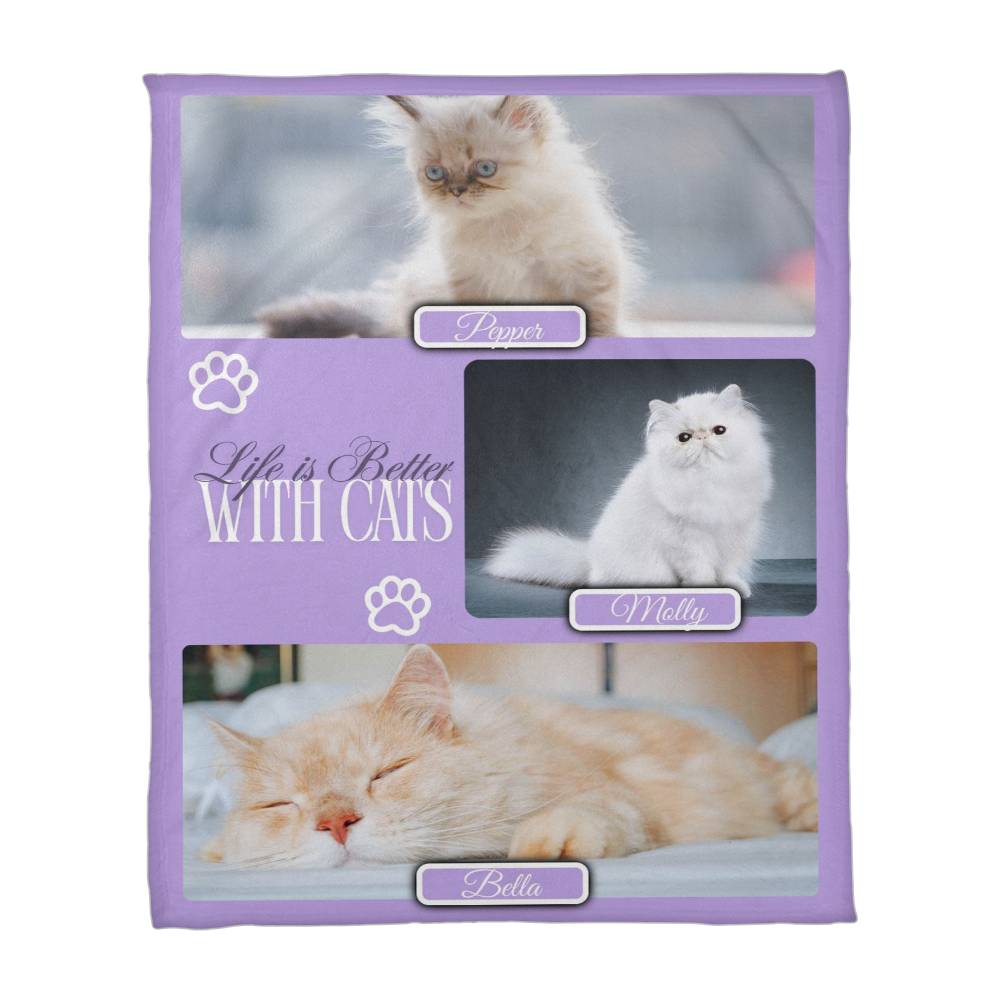 Personalized Multi-Cat Photo Blanket - Custom Cat Collage Fleece Blanket - 2-5 Cats Names & Photos
