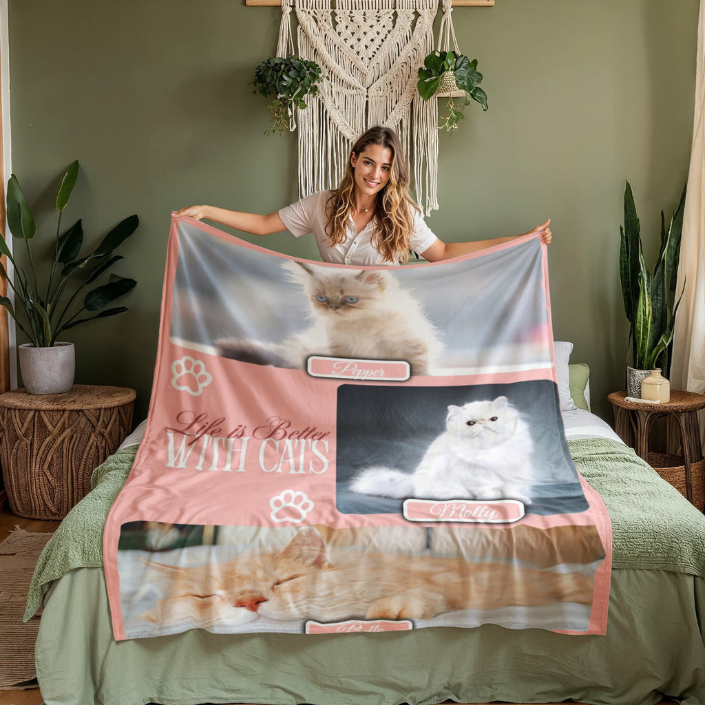 Personalized Multi-Cat Photo Blanket - Custom Cat Collage Fleece Blanket - 2-5 Cats Names & Photos