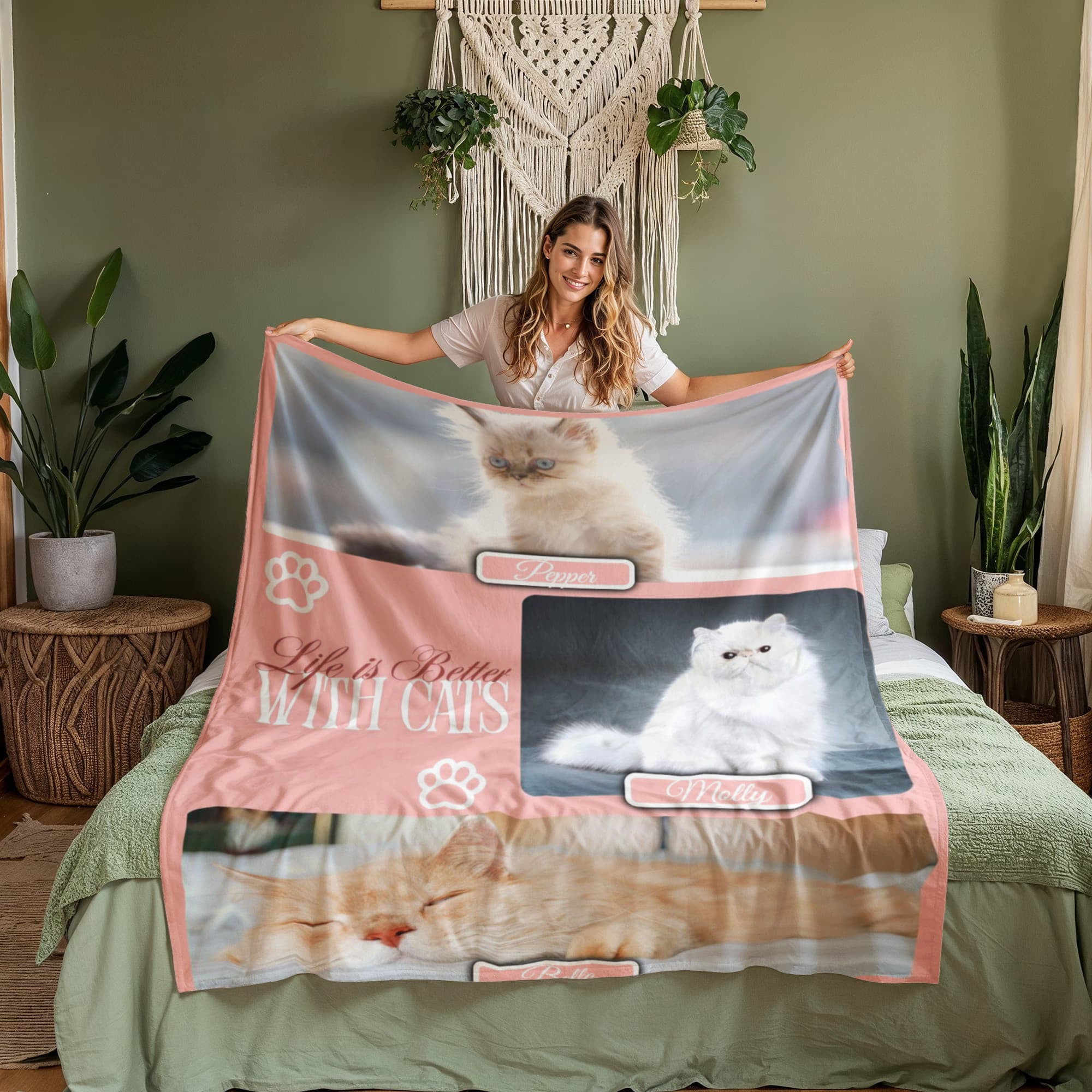 Personalized Multi-Cat Photo Blanket - Custom Cat Collage Fleece Blanket - 2-5 Cats Names & Photos