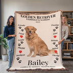 Two people holding a woven blanket with a Golden Retriever design and text.  Personalize with dogs phot and name.