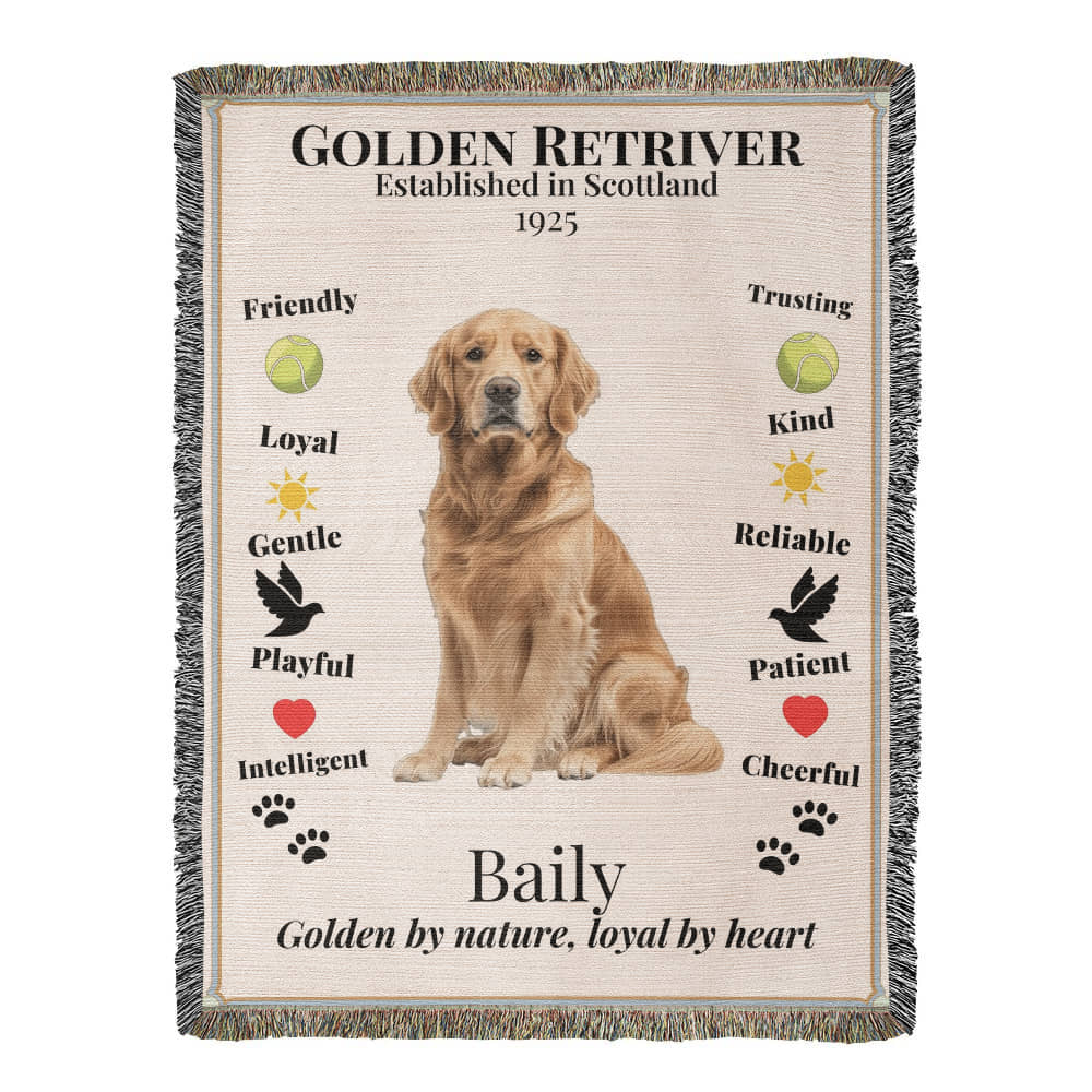 Woven blanket with a Golden Retriever illustration and descriptive text on a beige background
