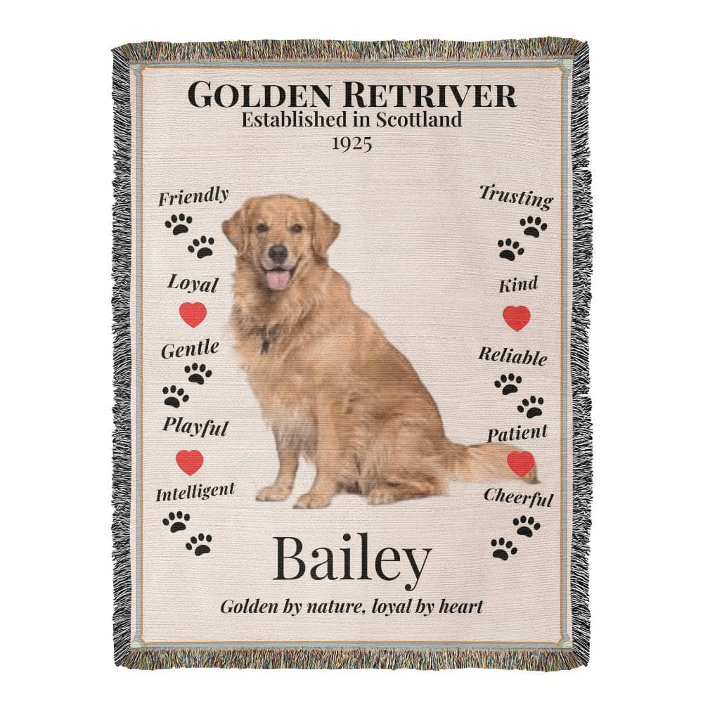 Woven blanket with a Golden Retriever illustration and text on a white background, personalized with dogs name