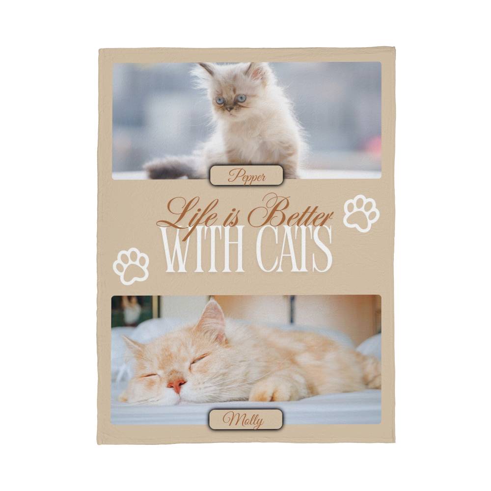 Personalized Multi-Cat Photo Blanket - Custom Cat Collage Fleece Blanket - 2-5 Cats Names & Photos
