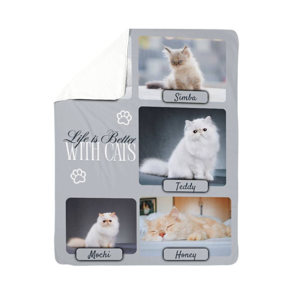 🐾  "Life is better with Cats" Personalized Photo Collage - sherpa blanket