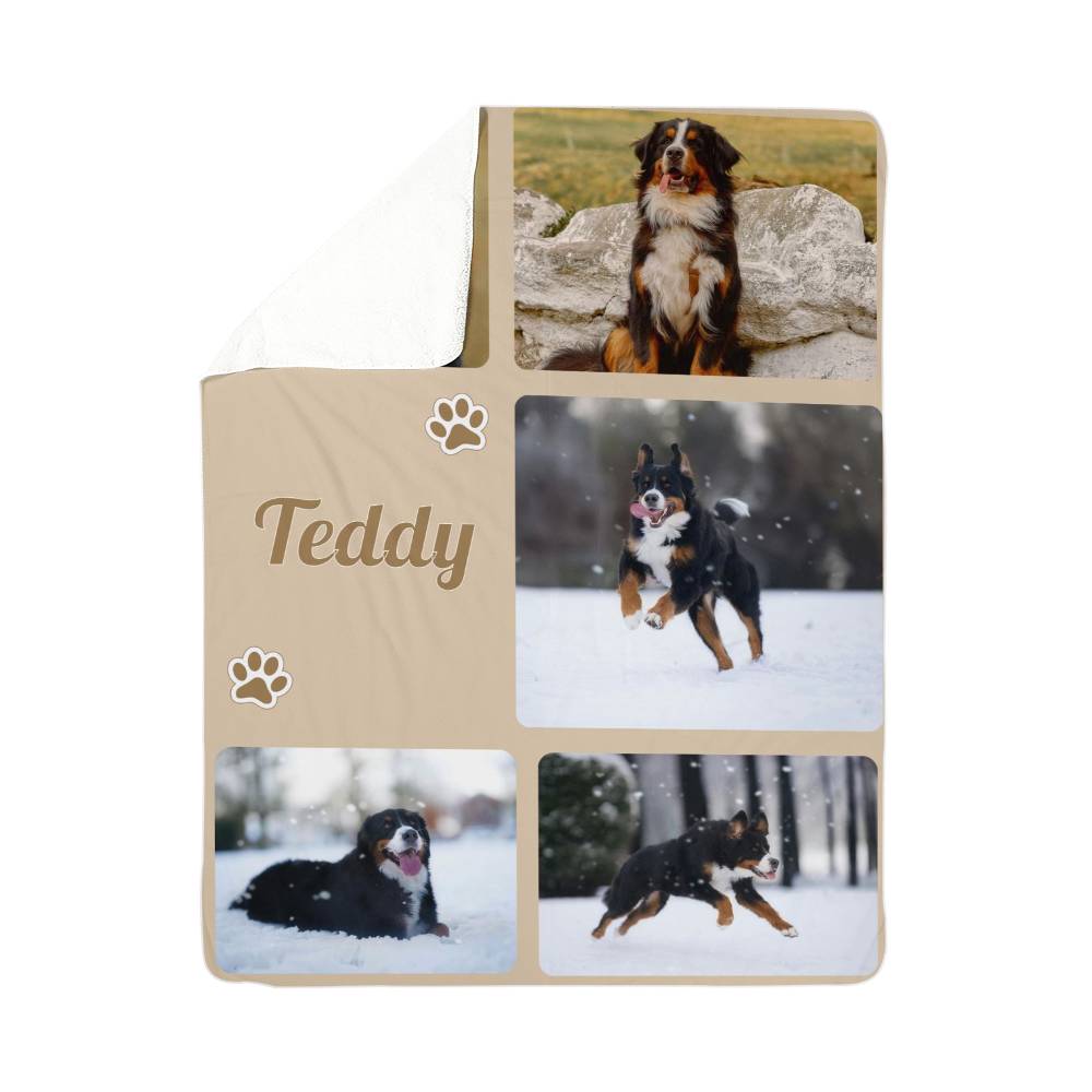 Personalized blanket with images of a dog and the name 'Teddy' on a white background