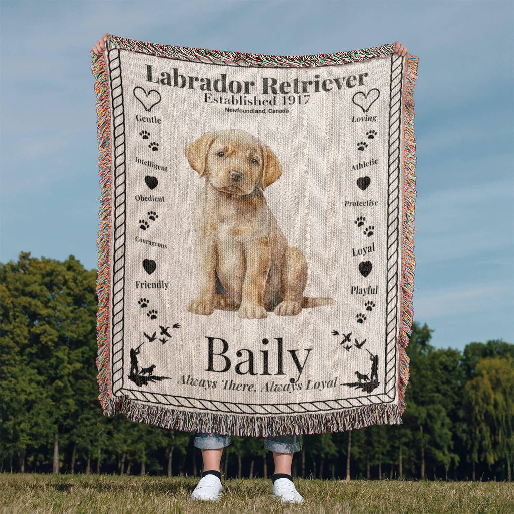 Woven Blanket with a Labrador Retriever design and text, held by a person outdoors. Personalized with the name and photo of a Labrador dog.