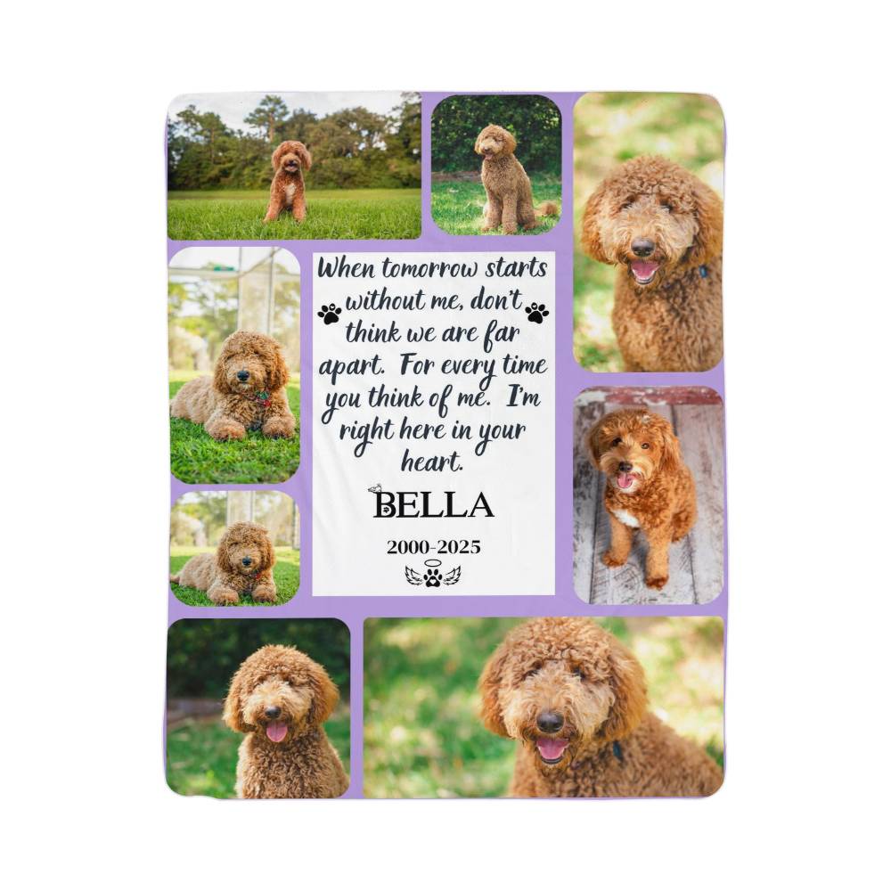 Memorial photo plaque with a dog's photos and a quote on a white background