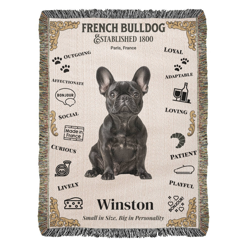 Woven blanket with a French Bulldog design featuring text and icons on a white background.Personalized with your Frenchie's Name and photo,