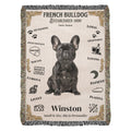 Woven blanket with a French Bulldog design featuring text and icons on a white background.Personalized with your Frenchie's Name and photo,