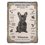 Woven blanket with a French Bulldog design featuring text and icons on a white background.Personalized with your Frenchie's Name and photo,