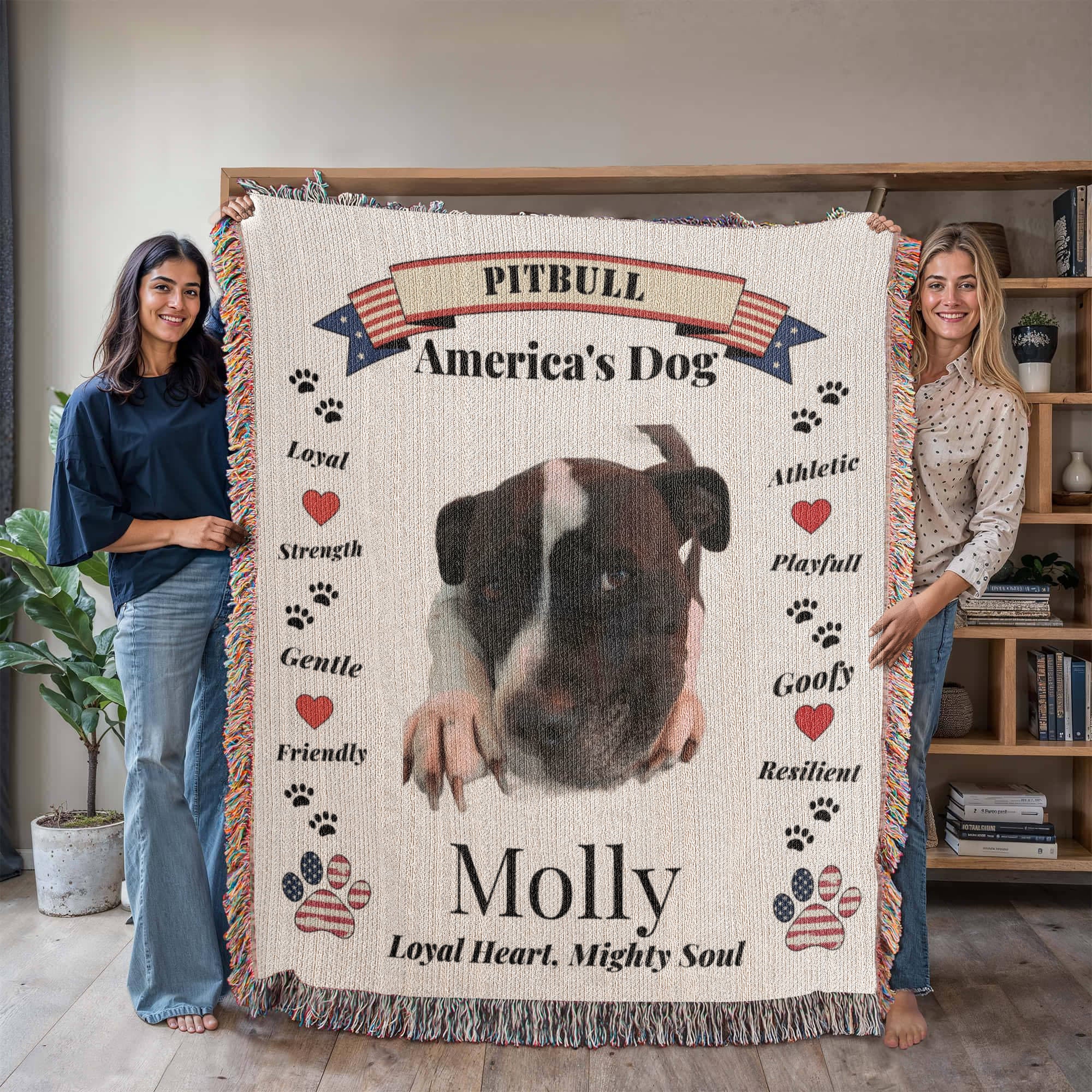Two people holding a blanket with a Pitbull design and text about the breed. Personalize your favorite picture of your Pitte on this custom woven blanket with their name.