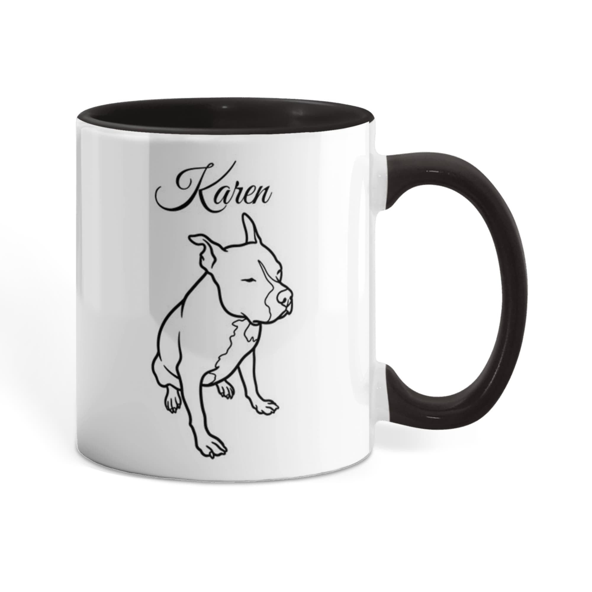 Mug with black handle and interior, featuring a dog illustration and the name 'Karen'.