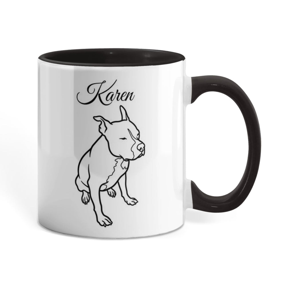 Mug with black handle and interior, featuring a dog illustration and the name 'Karen'.
