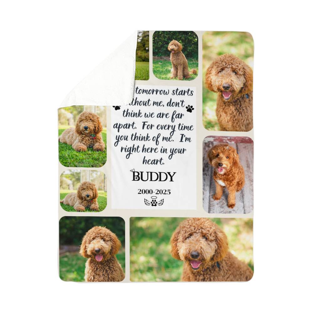 Memorial blanket with images of a dog and a quote, featuring the name 'Bella' and dates.