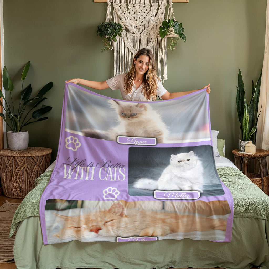 Personalized Multi-Cat Photo Blanket - Custom Cat Collage Fleece Blanket - 2-5 Cats Names & Photos