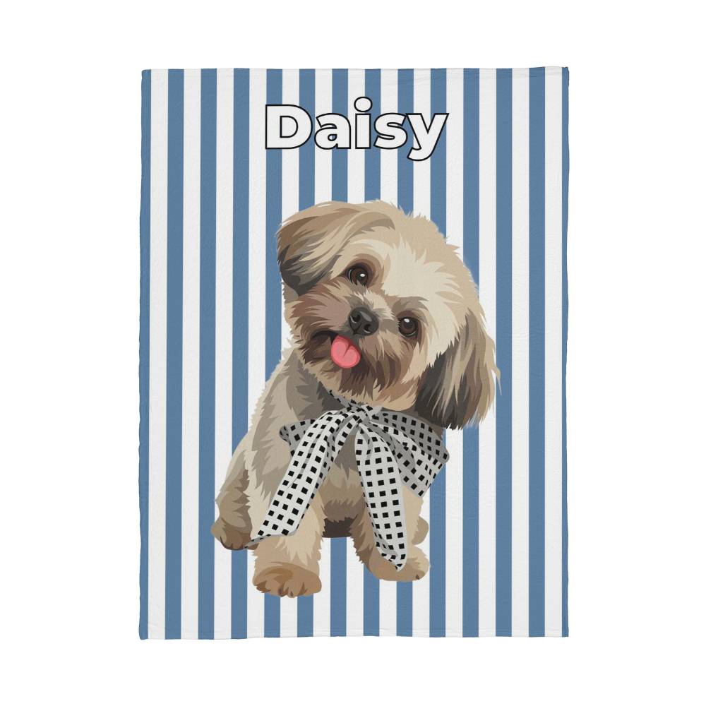 Dog with a bow tie on a blue and white striped background with 'Daisy' text
