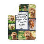 Memorial blanket with images of a dog and a quote, on a white background