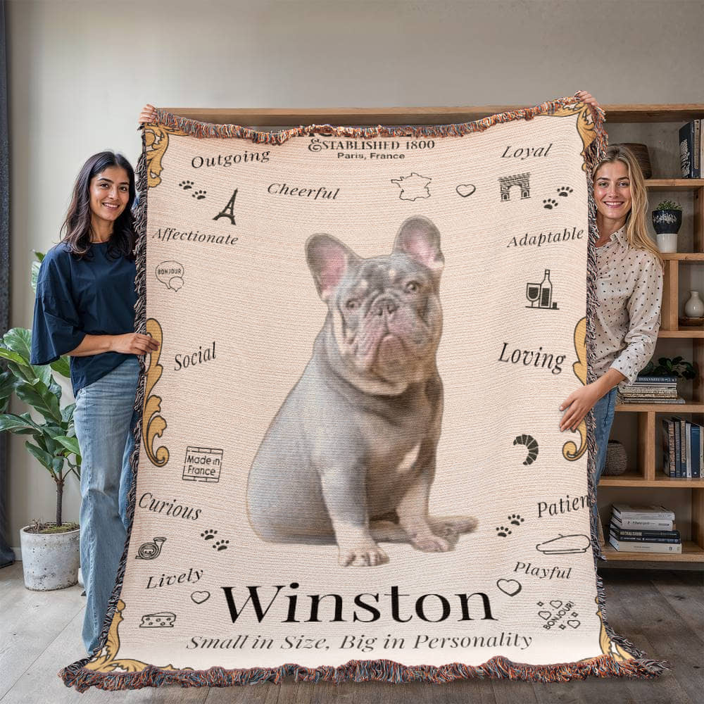 🐾 My Little Buddie Heirloom Woven Blanket – French Bulldog Edition - Gold Embellishment