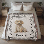 Woven Blanket with a Labrador Retriever design on a bed in a bedroom setting.  Personalized with the name and photo of a Labrador dog.