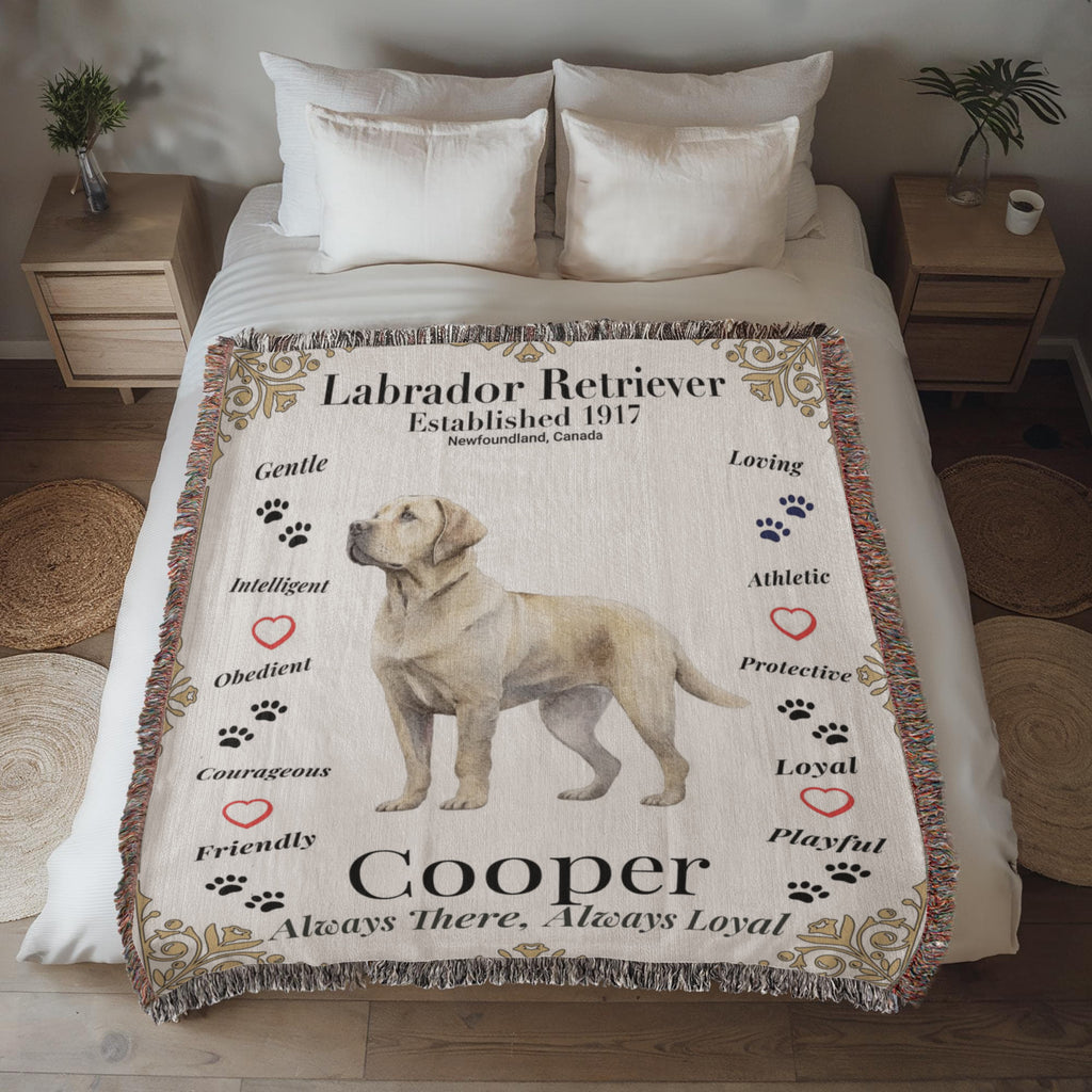 Blanket with Labrador Retriever design and text on a bed in a bedroom setting. Personalize your Labrador Retriever woven blanket with your dog's photo and name.