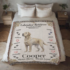 Blanket with Labrador Retriever design and text on a bed in a bedroom setting. Personalize your Labrador Retriever woven blanket with your dog's photo and name.
