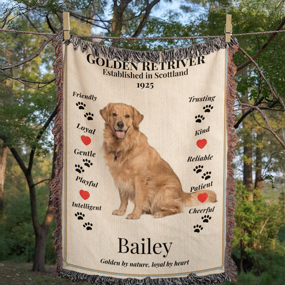 Woven Blanket with a Golden Retriever illustration and text about the breed, displayed outdoors.  Personalized with dogs phot and name