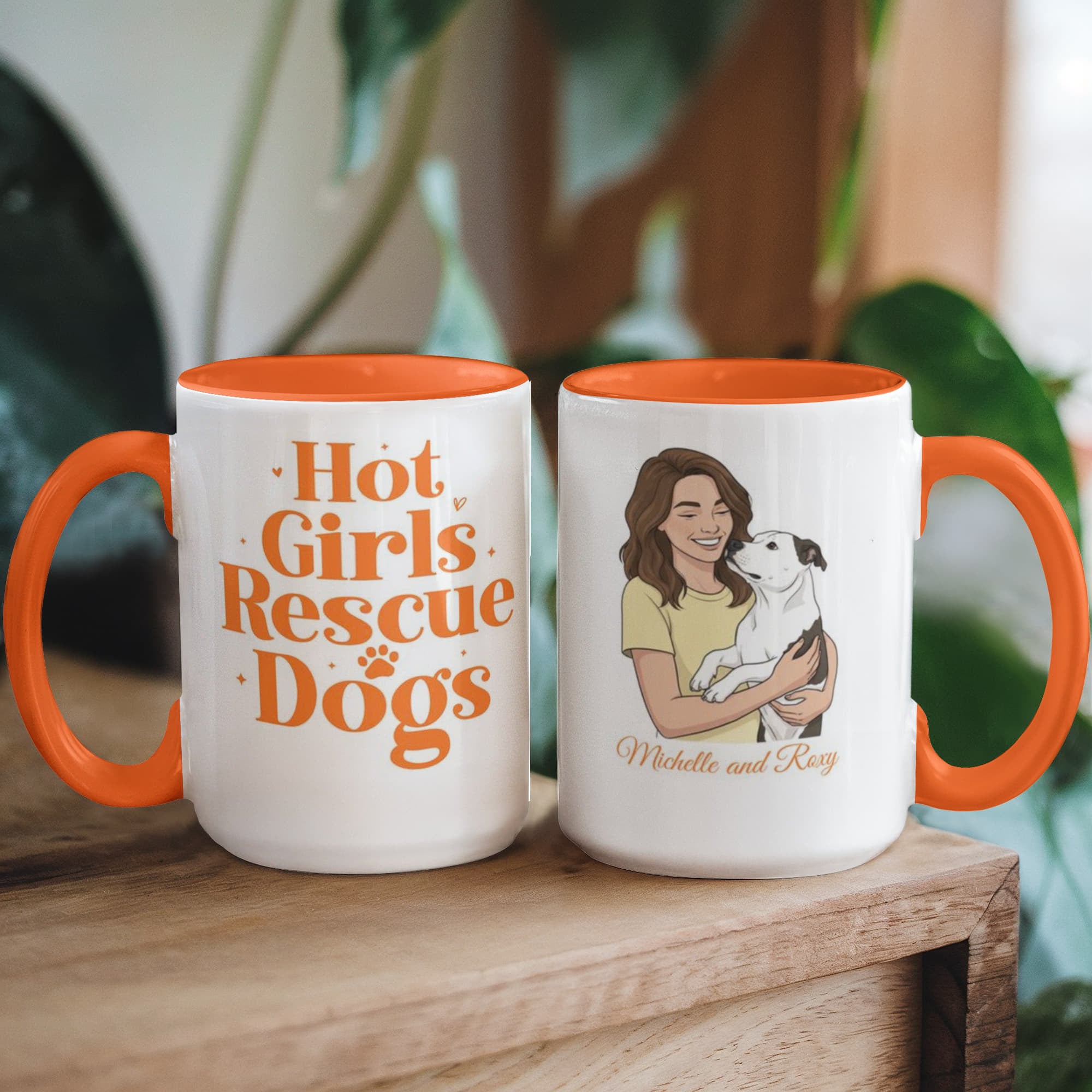 Personalized Dog Mom Coffee Mug – "Hot Girls Rescue Dogs" Custom Illustration with Mom & Dog