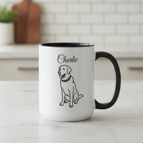 White mug with black handle featuring a dog illustration and 'Charlie' text, placed on a wooden surface with stationery items.
