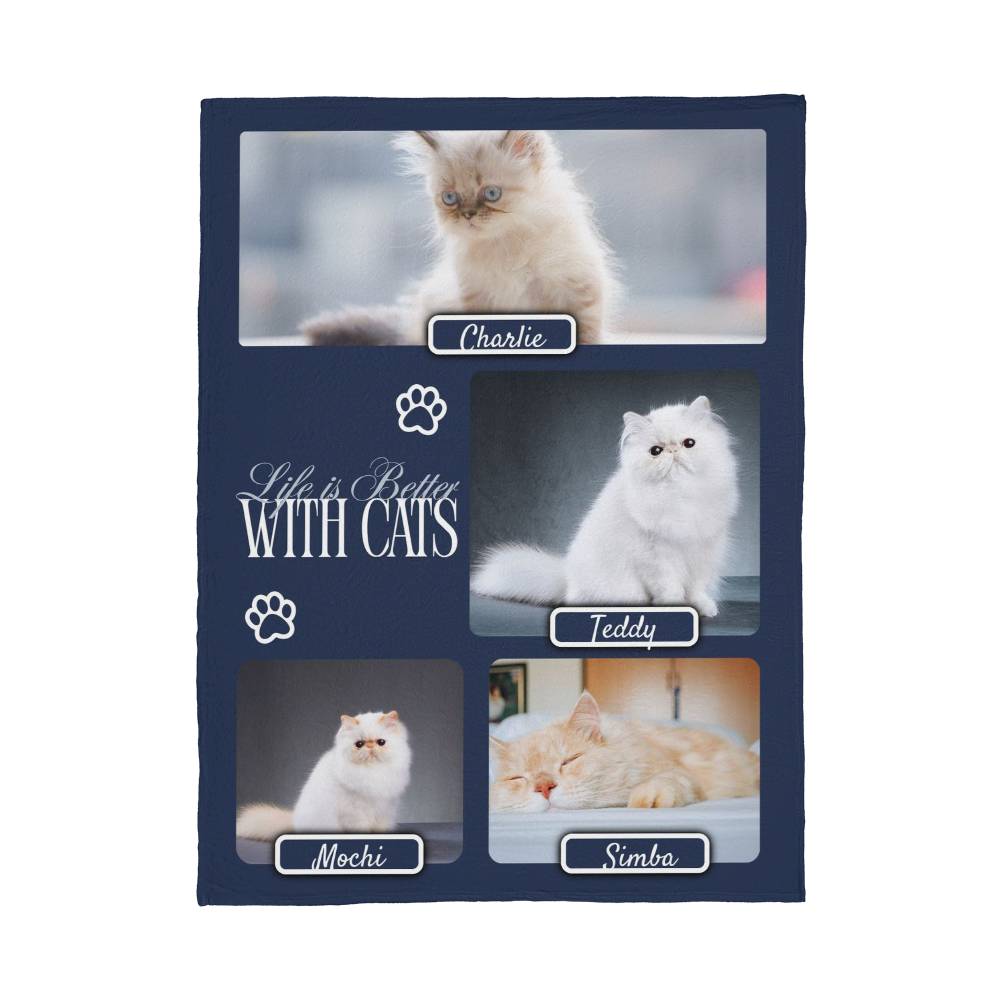 Personalized Multi-Cat Photo Blanket - Custom Cat Collage Fleece Blanket - 2-5 Cats Names & Photos