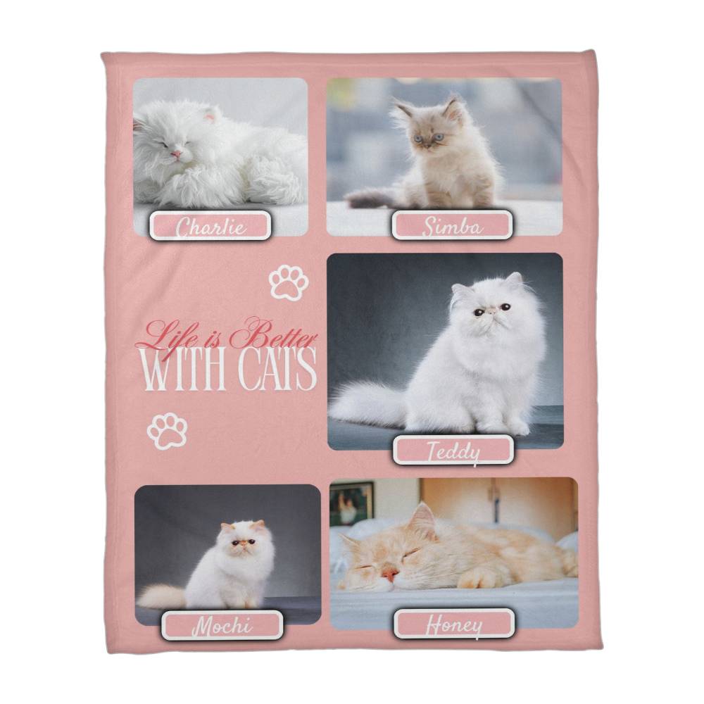 Personalized Multi-Cat Photo Blanket - Custom Cat Collage Fleece Blanket - 2-5 Cats Names & Photos