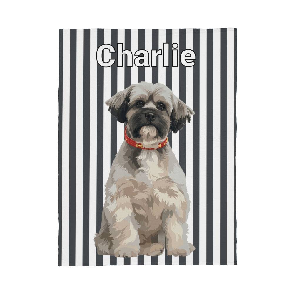 Notebook with a dog illustration and name 'Charlie' on a black and white striped background