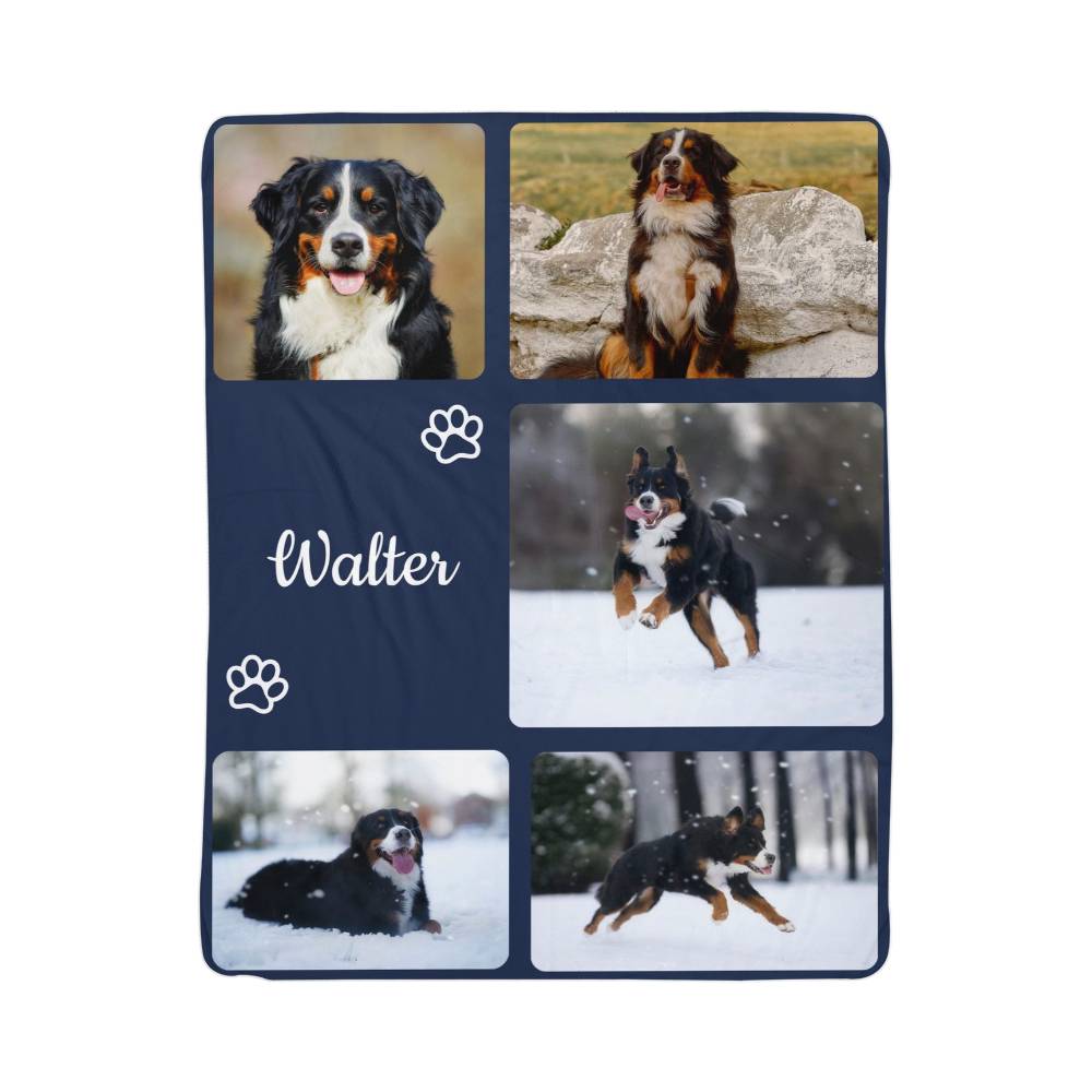Personalized blanket with images of a dog named Walter and his name printed on it.