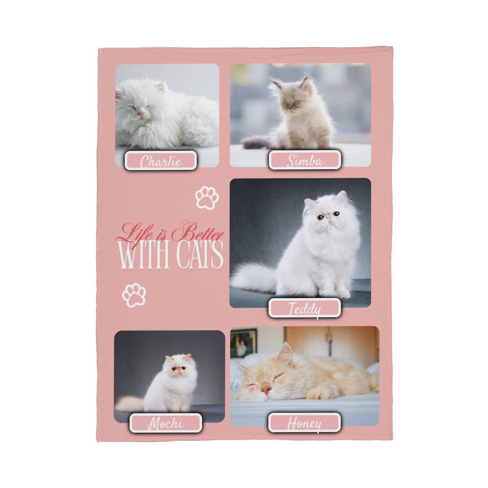 Personalized Multi-Cat Photo Blanket - Custom Cat Collage Fleece Blanket - 2-5 Cats Names & Photos