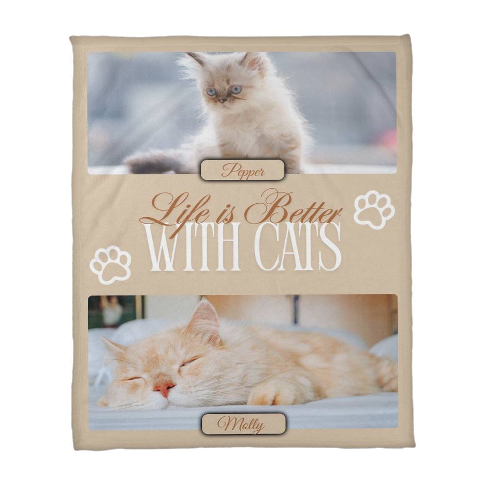 Personalized Multi-Cat Photo Blanket - Custom Cat Collage Fleece Blanket - 2-5 Cats Names & Photos