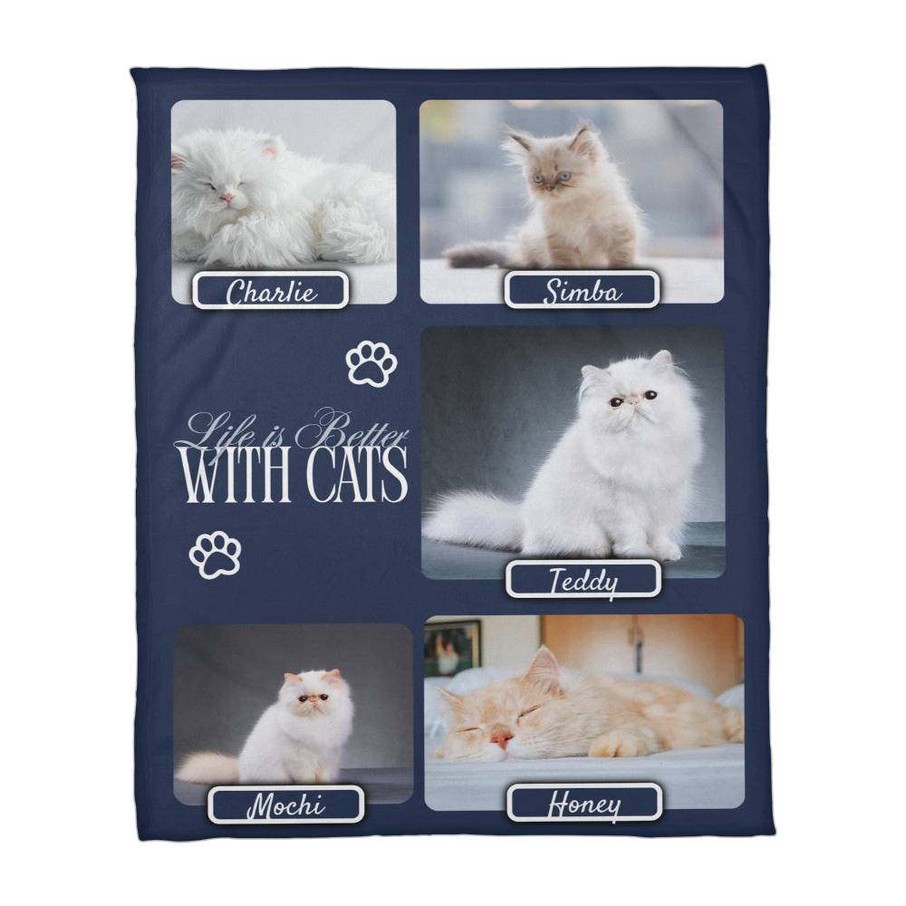 Personalized Multi-Cat Photo Blanket - Custom Cat Collage Fleece Blanket - 2-5 Cats Names & Photos