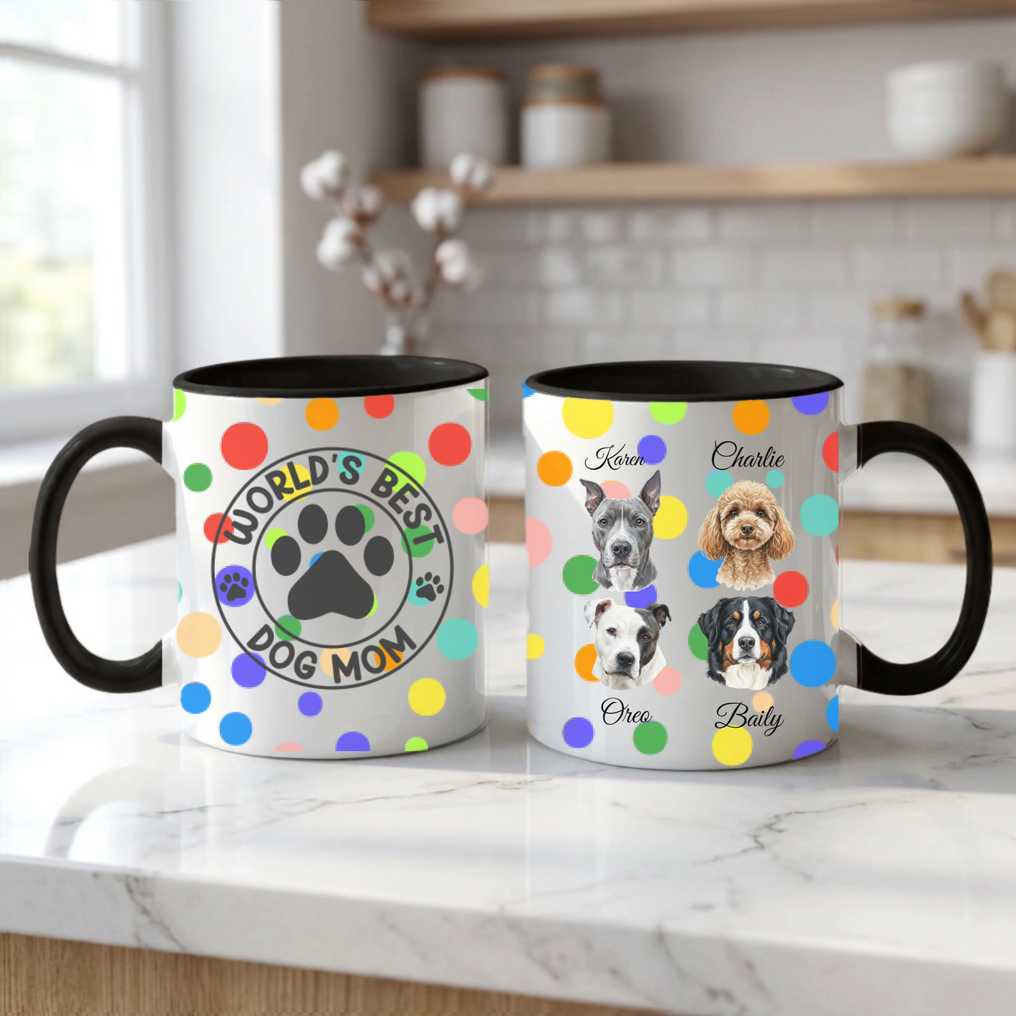 Two mugs with colorful polka dots and dog-themed designs on a kitchen counter.