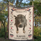 Blanket with a dog's portrait and text about loyalty, strength, and other qualities, set against a natural background. Personalize your woven blanket with your favorite picture of your Pittie with their name.