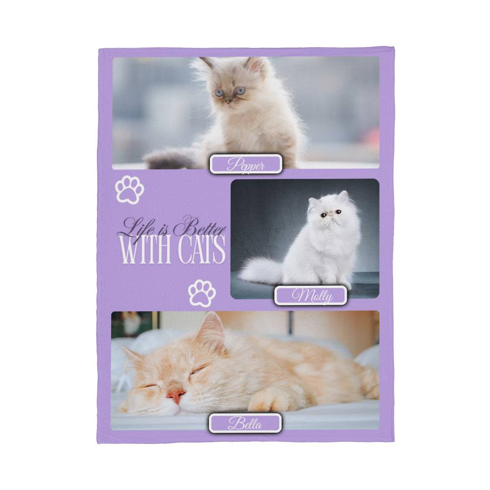 🐾 Personalized Multi-Cat Photo Blanket | Custom Cat Fleece Blanket | 2-5 Cats Names & Photos