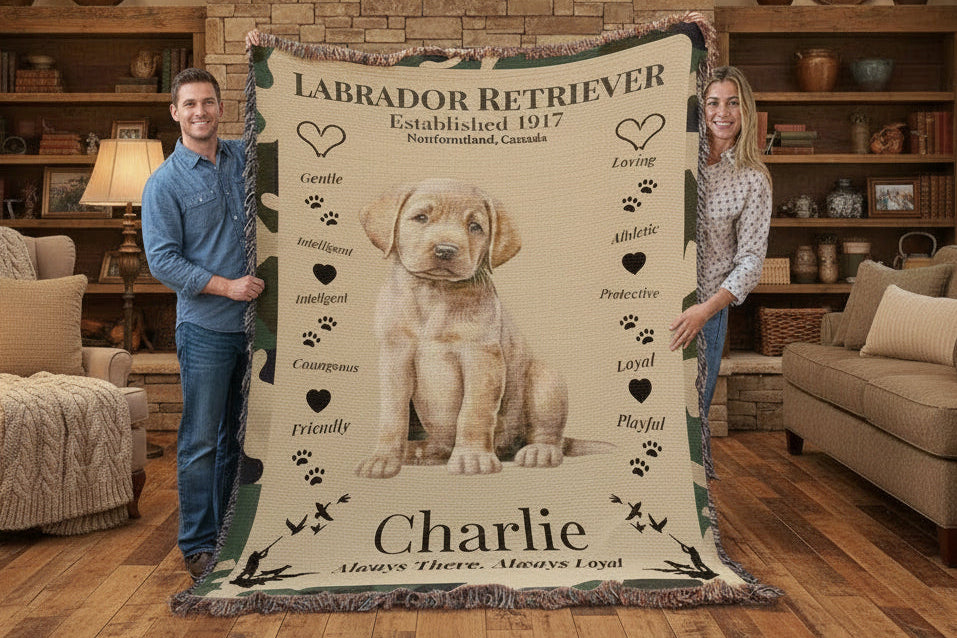 Two people holding a blanket with a Labrador Retriever design and text.