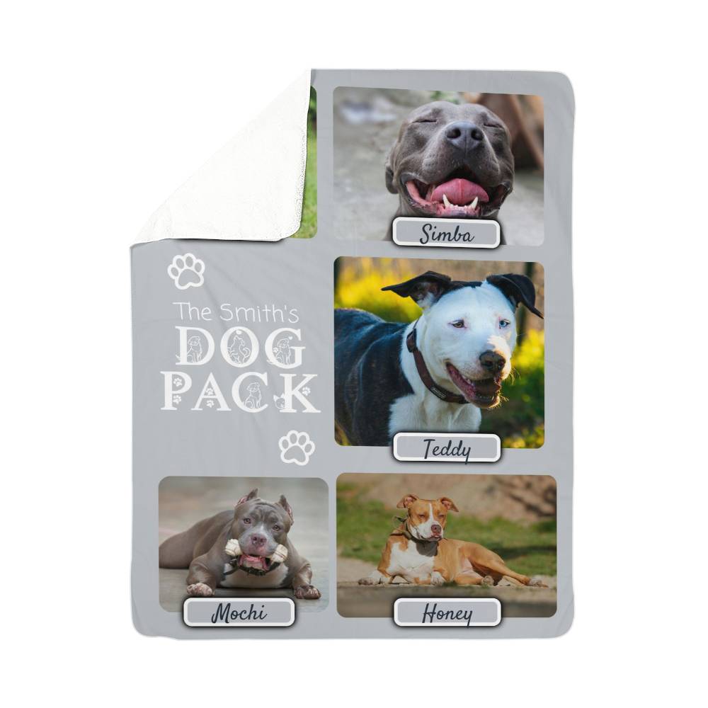 "Dog Pack" Personalized Photo Collage Sherpa Blanket - Multi-Dog Gift