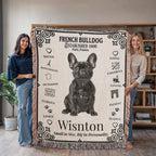 Two people holding a French Bulldog-themed blanket with text and graphics.Personalized with your Frenchie's photo and name.